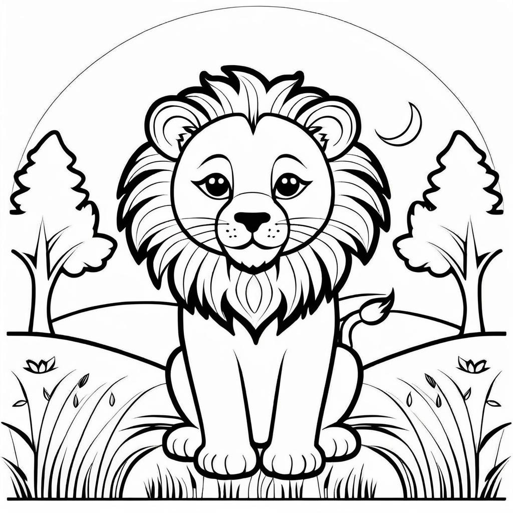 Kids Lion Coloring Page in Black and White