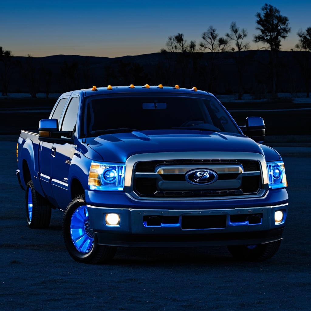 Nighttime Scene with a Blue Pickup Truck