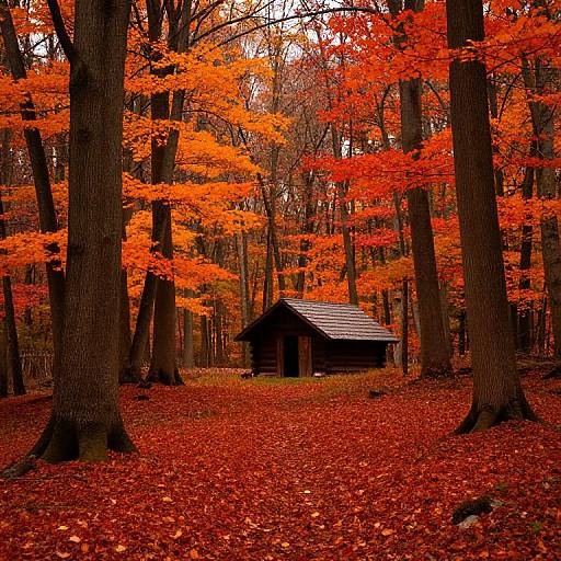Serene Autumn Forest with Rustic Cabin