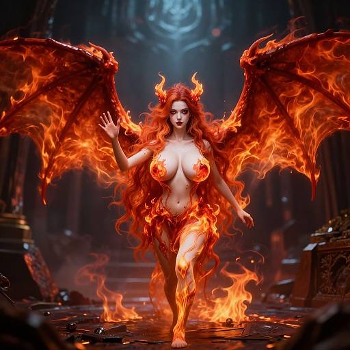 Digital art of a fiery demon woman with large red wings, flaming hair, and exposed breasts, walking through a dark, burning hall.