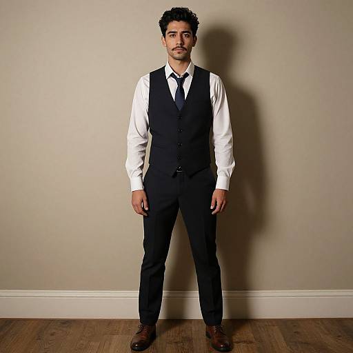 Photograph of a man with curly black hair, light brown skin, and a trimmed beard, wearing a white shirt, black vest, tie, and