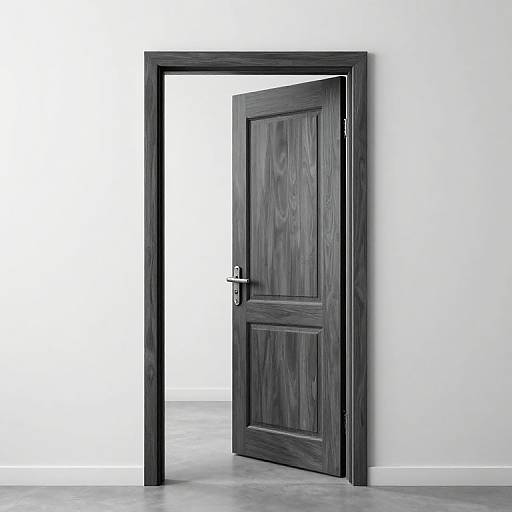 Photograph of a dark wooden door with a black frame, ajar, revealing a bright, empty white room and grey floor.