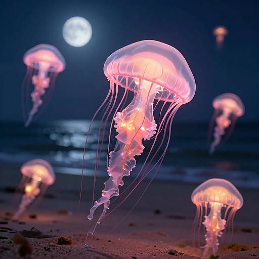 Photograph of glowing pink jellyfish floating in a dark blue ocean at night, under a bright full moon, with a few smaller jellyfish in the