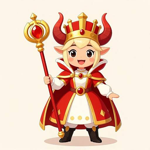 Cute chibi-style digital drawing of a blonde, elf-like child king with red horns, gold crown, red and white robe, holding a red