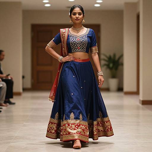 Photograph of a confident Indian woman in a blue and red traditional saree with gold embroidery, walking on a showroom floor.