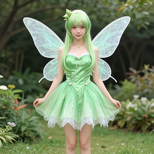 Photorealistic CGI of a green-haired fairy with translucent wings, wearing a light green, strapless, ruffled dress, in a lush garden.