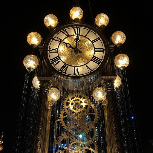 Photograph of a glowing, ornate clock tower at night, adorned with golden spheres, gears, and illuminated water droplets, displaying Roman numerals