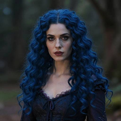 Photograph of a woman with long, vivid blue curly hair, pale skin, dark makeup, and a black lace top, standing in a blurred forest