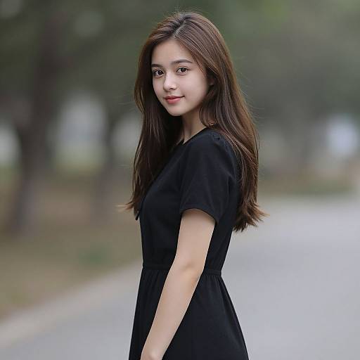 Photograph of an Asian woman with long brown hair, wearing a black dress, standing on a blurred tree-lined pathway, smiling softly.