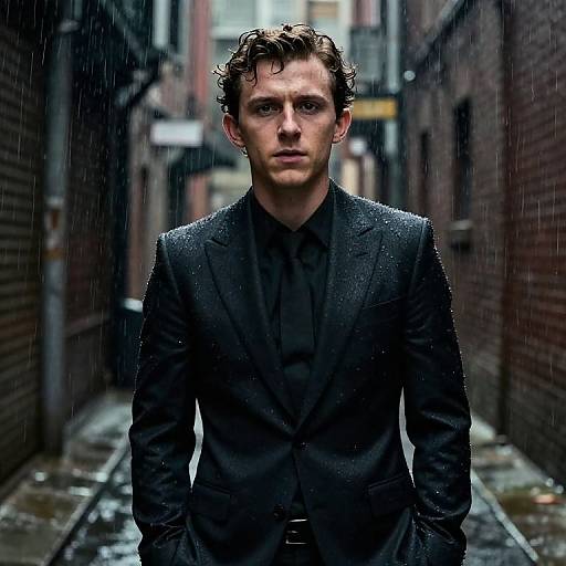 Photorealistic CGI of a wet, serious-looking man in a dark suit standing in a rain-soaked, narrow urban alleyway.
