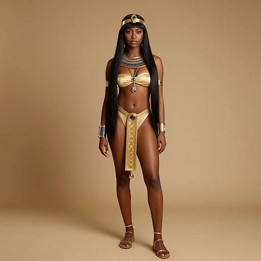 Photograph of a tall, dark-skinned African woman with long black hair, wearing a gold bikini and accessories, standing against a beige background. Reg