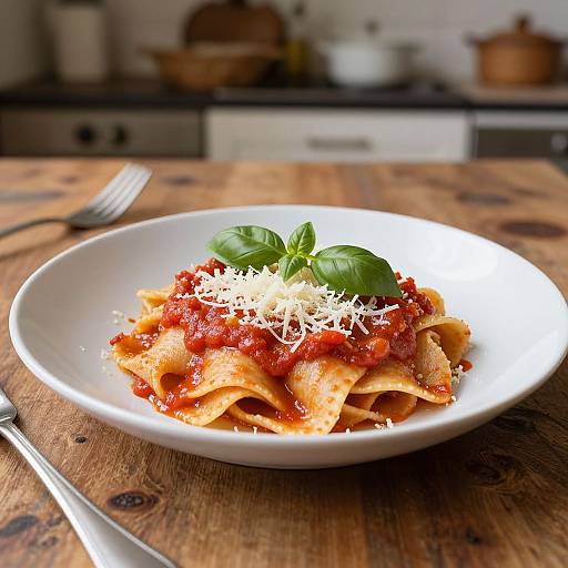 Photograph of a white plate with pasta topped in red tomato sauce, grated cheese, and basil, on a wooden table in a kitchen.