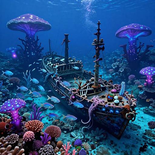 Photograph of a sunken, rusted ship surrounded by glowing purple mushrooms, colorful coral, and blue fish in a vibrant underwater scene.
