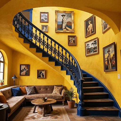Ornate Staircase in Yellow and Navy Interior