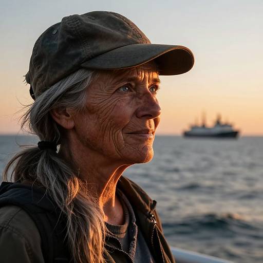 Photograph of an elderly woman with weathered skin, gray hair, and a brown cap, gazing at a sunset over a calm ocean, with