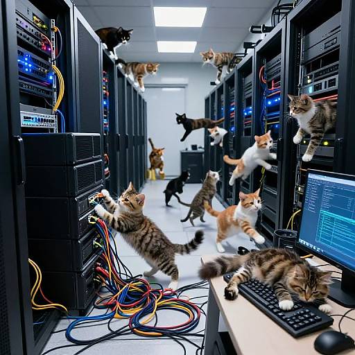 Photograph of a server room with multiple tabby and orange cats climbing and interacting with black computer racks and colorful cables.