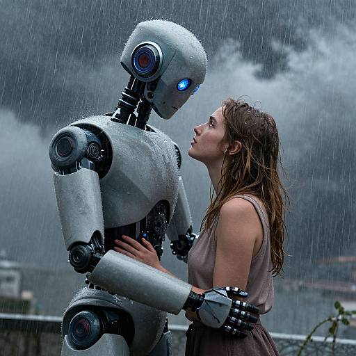 Photograph-style digital art of a wet, slender woman with long brown hair, in a sleeveless pink top, gazing up at a glowing blue