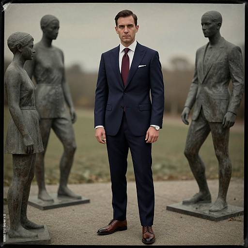 Photograph of a handsome man in a dark navy suit, white shirt, red tie, standing between two bronze statues in an outdoor park.