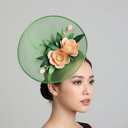 Photograph of an Asian woman with fair skin, black hair in a bun, wearing a green mesh hat with peach roses and green leaves, against a