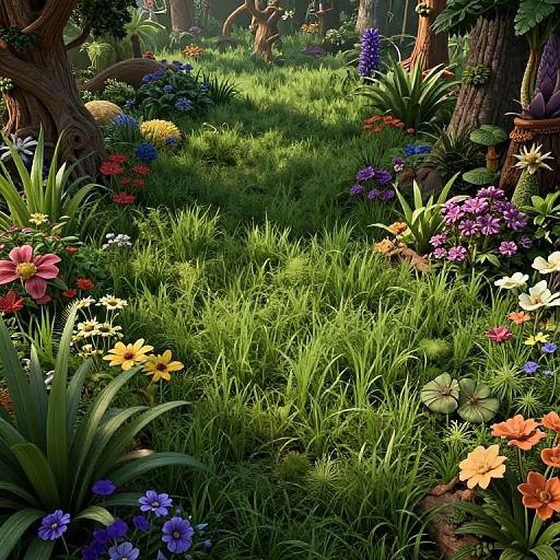 Vibrant CGI garden scene with lush green grass, colorful flowers, tall trees, and sunlight filtering through. A whimsical, magical forest atmosphere.