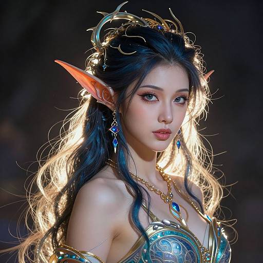 Digital artwork of an ethereal, elf-like woman with long, flowing black hair, large orange-tipped ears, glowing light, and ornate,