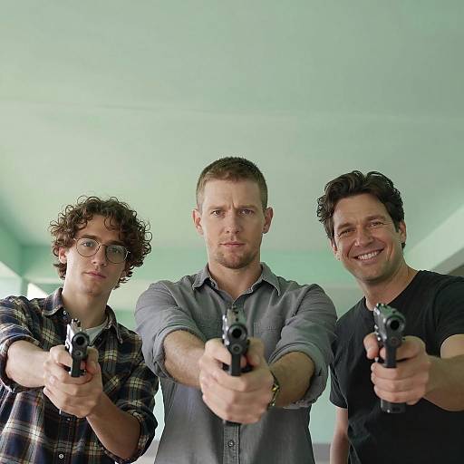 Three Men with Guns Under Green Clouds