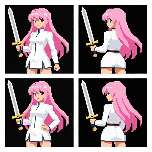 Pixel Art Pink-Haired Swordfighter Collage