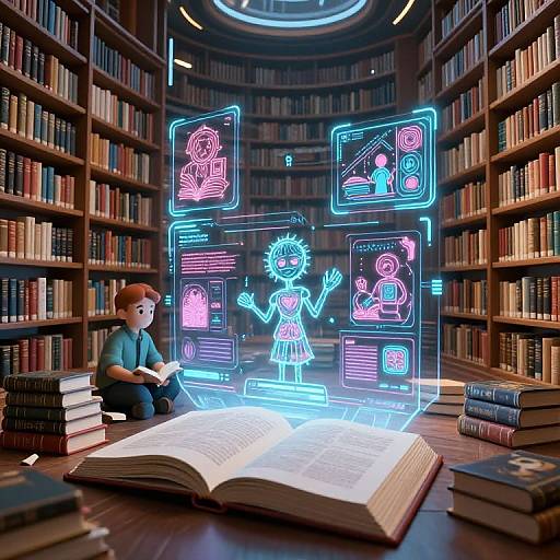 Photorealistic digital artwork: Boy in library, neon holograms of girl, seated on books, reading open book with glowing holograms.