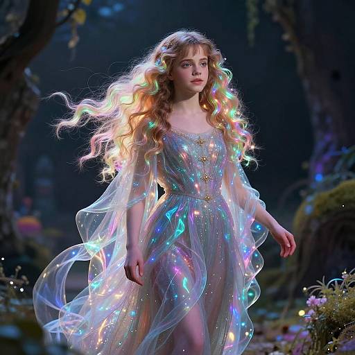 Photograph of a young woman with wavy, glowing hair in a translucent, iridescent dress adorned with multicolored lights, standing in a