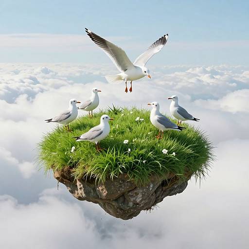 Photograph of six seagulls on a grassy, floating rock island above a sea of fluffy white clouds, with one seagull soaring above