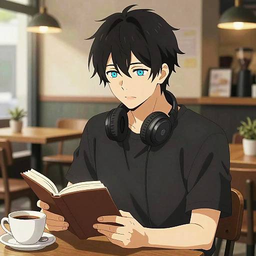 Anime-style drawing of a black-haired, blue-eyed young man with headphones around his neck, reading a book in a cozy café.