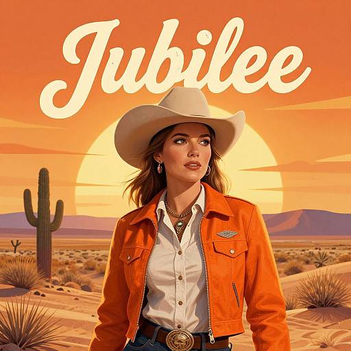 Digital artwork of a brunette woman in an orange jacket and white hat, standing in a desert at sunset. 