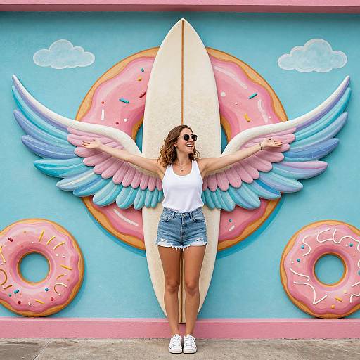 Joyful Woman with Surfing Donut Mural