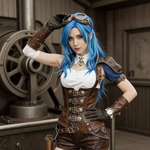 Photograph of a blue-haired cosplayer in steampunk attire, wearing goggles on her head, brown leather corset, white shirt, and black