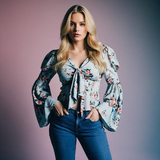 Blonde Woman in Floral Blouse and Denim Jeans