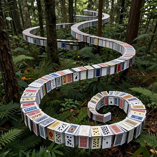 Photograph of a forest with a large, serpentine coil of playing cards winding through dense greenery, creating a surreal, whimsical effect.