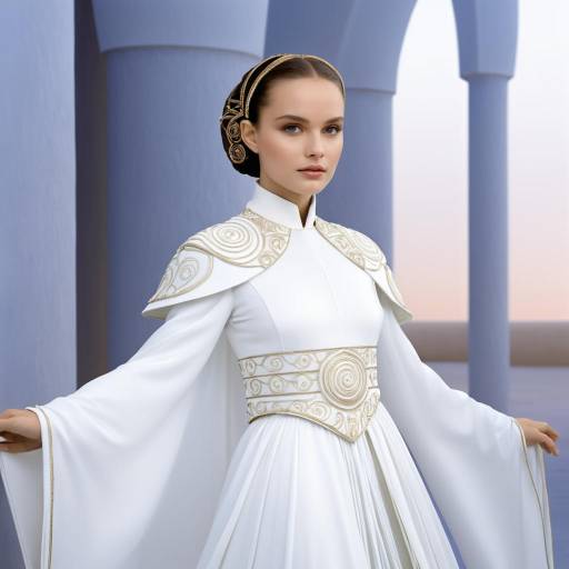 Woman in Elegant White Dress with Gold Embroidery