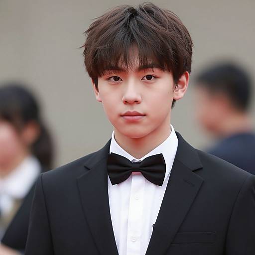 Photograph of a young Asian man with straight black hair, wearing a black tuxedo and bow tie, with a neutral expression, blurred background of