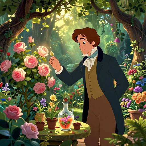 Digital illustration of a young man in 18th-century attire, admiring a rose in a sunlit, vibrant garden filled with colorful flowers and p