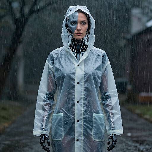 Photograph of a serious, blue-eyed woman in a transparent white raincoat, standing in the rain on a dark, wet path. Cybernetic