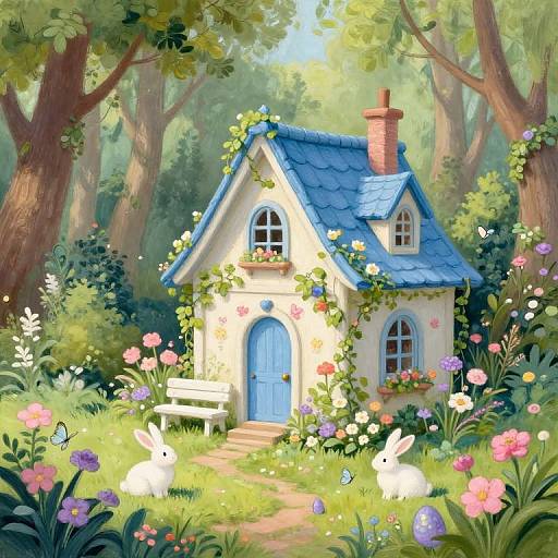 Whimsical digital painting of a fairytale-style cottage with blue roof, surrounded by vibrant flowers, white rabbits, and butterflies, in a lush