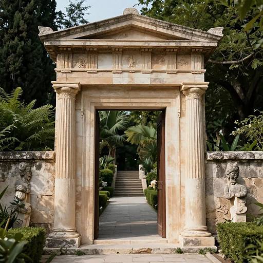 Photograph of an ancient, classical stone archway with fluted columns, ornate frieze, and statues on either side, set in a