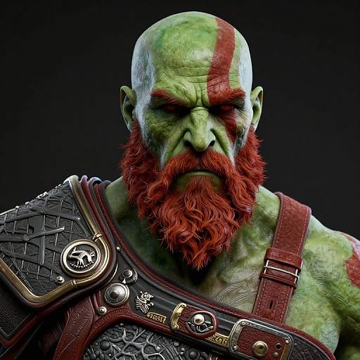 CGI image of a bald, green-skinned orc with a red beard and head stripe, wearing armored shoulder pad and red leather strap. Dark background