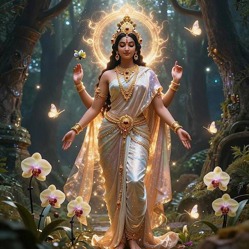 Digital artwork of a divine, dark-haired goddess in a silver sari, adorned with gold jewelry, surrounded by glowing fire, butterflies, and orchids