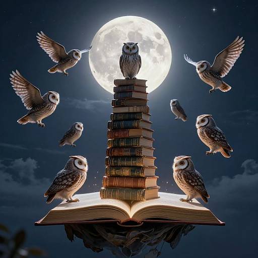 Digital illustration of eight owls, with glowing eyes, perched and flying around a stacked book tower under a full moon.