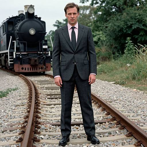 Photograph: Mature man in dark pinstripe suit, white shirt, and black tie standing on train tracks with an old black steam locomotive in