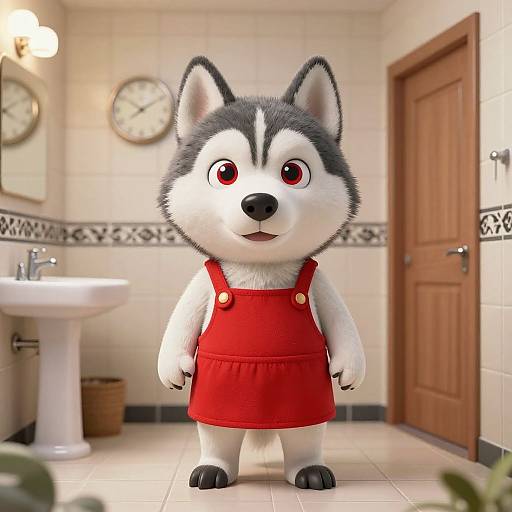 CGI image of a cute, cartoon-style, grey-and-white husky puppy with red overalls standing in a brightly lit bathroom.