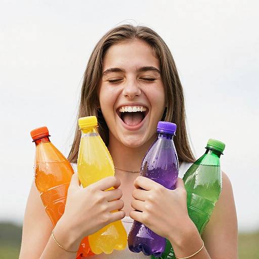 Photograph of a smiling young woman with long brown hair, holding colorful plastic water bottles (orange, yellow, purple, green) against a bright,