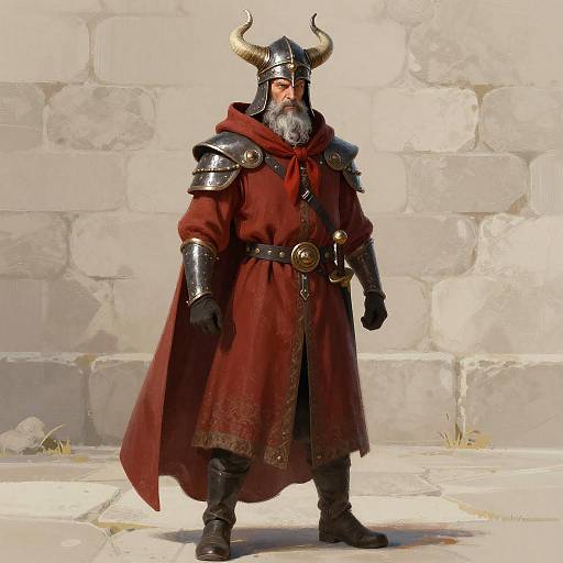 Digital art of an elderly, bearded Viking warrior in red cloak, black armor, and horned helmet, standing against a stone wall.