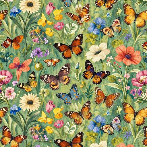 Vibrant digital illustration of colorful butterflies (orange, blue, black) amidst a lush green field of various flowers (daisies, poppies